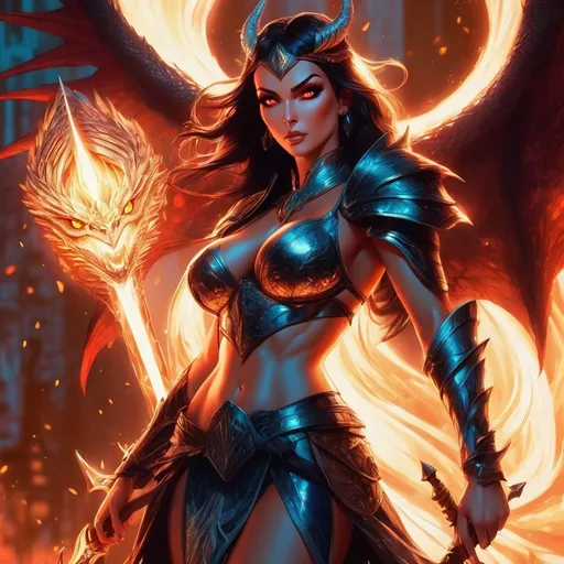Prompt: Gorgeous ultra-muscular 45 years old Italian drag queen, Ultra detailed illustration painting of a luminous, gorgeous, angry, and enchanting humanoid dragongirl with dark hair wielding a mystical spear in battle. She is fit, toned, lean, and very muscular, large dragons wings, and a long tail. Her feet have on 8 inch stiletto high heel boots and her skin has slight scaly aspect to it. She is shouting in rage, the back of her mouth lit with an ambient fiery glow. Glowing red eyes, and wisps of smoke rise from her nostrils. Dynamic pose, anime-style female armor, realm enviroment, close mid shot, rule of thirds depth of field intricate details, concept art, subtle colors, fantastical realm, extremely detailed, ultra sharp focus, light particles, attention to detail, grandeur and awe, cinematic, stunning visual masterpiece, double exposure, 8k, photorealistic, strong outlines, cinematographic scene,