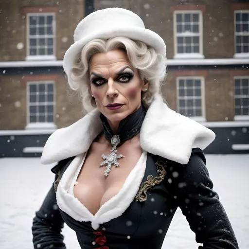 Prompt: What if Ebenezer Scrooge was a gorgeous muscular 45-year-old (19th century) drag queen. Posing in snow covered 19th century London. 