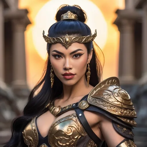 Prompt: "Imagine a reimagined Vietnamese Asian drag queen bodybuilder version of Xena (strong masculine jawline and brow facial features) inspired by Pixar's art style. She is a heroic and strong figure with an muscular yet elegant build, very long wavy black hair, and a radiant smile that reflects both strength and kindness. She wears a modernized version of Greek armor, featuring intricate gold and bronze details, paired with a flowing cape. Her pose is dynamic, holding a glowing sword in one hand exuding confidence and determination. The background showcases a vibrant and mythological world filled with ancient ruins and a breathtaking celestial display of all the planets aligning in a radiant golden sky. The scene captures her as a symbol of power, resilience, and grace, standing as a hero in a cosmic and legendary moment."