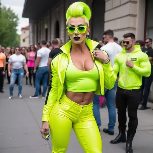 Prompt: *a gorgeous ultra-muscular 25-year-old Romanian drag queen bodybuilder wearing a neon yellow shirt with a neon green crop top jacket that was laced with black seams. her pants are white, and she wore shiny black laced 8 inch stiletto high heel boots. she had white rimless sunglasses resting on the top of her head.*