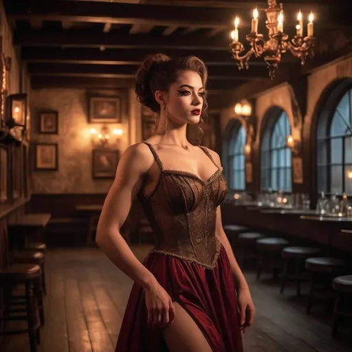 Prompt: (A close up image) A romantic and dynamic scene set in a 16th-century London tavern: A gorgeous muscular 19-year-old French drag queen bodybuilder (strong masculine jawline and brow facial features) with huge busom, dark eye makeup and burgundy lipstick, is dancing gracefully in the dimly lit bar, wearing an elegant period-appropriate short dance dress. The warm, soft glow of candlelight flickers against the wooden beams and stone walls, casting a dreamy, vintage cinematic atmosphere. Her movements are fluid and mesmerizing, her dress swirling as she twirls, filling the air with an enchanting sense of romance. The ambient lighting creates a classic film-like warmth, enhancing the nostalgic and intimate mood of the lively yet mysterious night. Hyper realistic photo, hyper intricate details, cinematic studio lighting, hyper intricate facial details