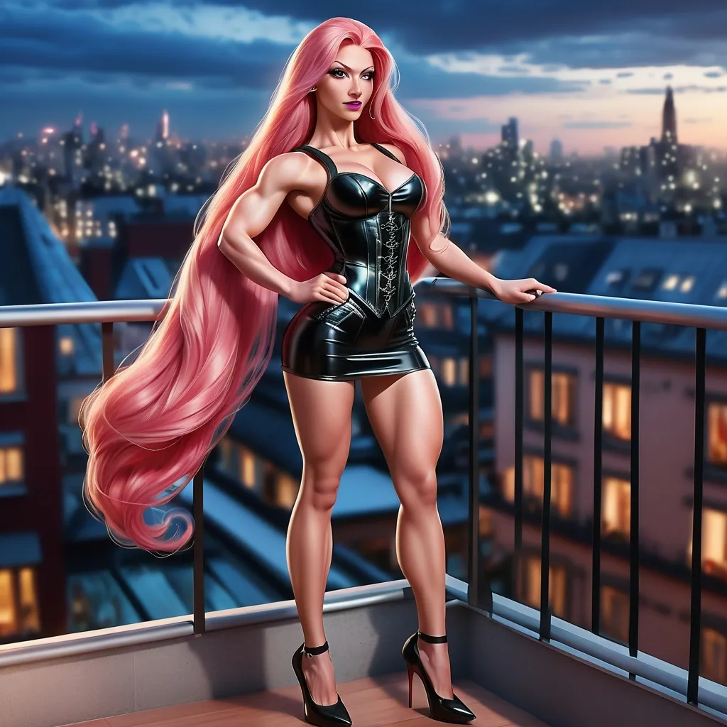 Prompt: Generat a 64k hi-res hd detailed digital photograph of a Gorgeous ultra-muscular 25-year-old Swedish goddess bodybuilder with ridiculously long straight shiny pink hair wearing a cute Celine mini skirt, a corset, sheer leggings, and 8 inch stiletto high heel shoes.  Dark eye shadow and dark red lipstick. Posing on a balcony high about a city at dusk during a party.