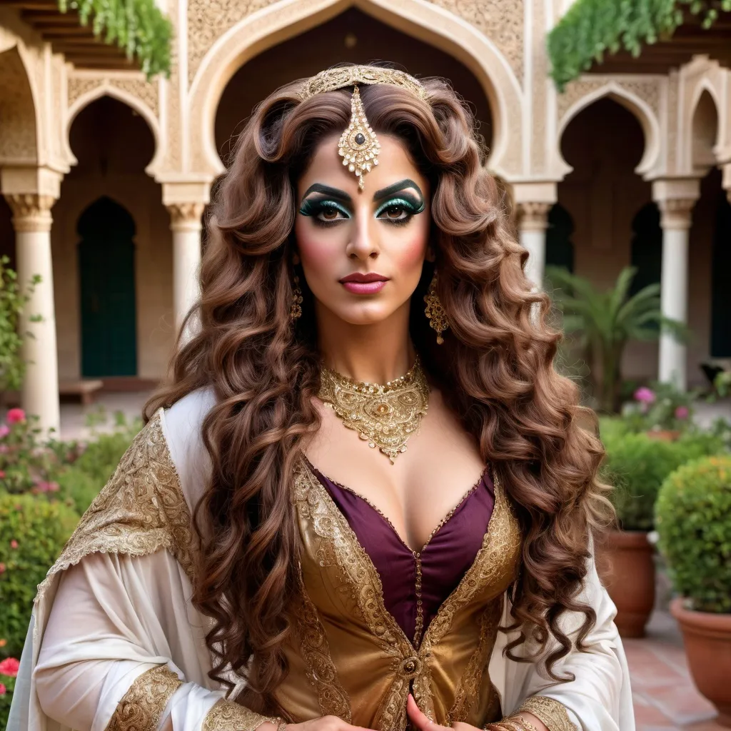 Prompt: A realistic photograph of A gorgeous  muscular  25-year-old  Arabic drag queen  dressed up as a 17 century Islamic Mughal court dancer Laila with long curly brown hair wearing dupatta in the courtyard garden  