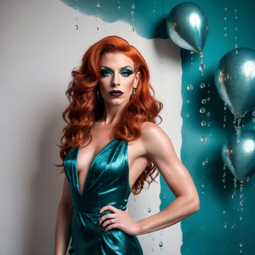 Prompt: The image is a full body portrait of a gorgeous muscular 25-year-old French drag queen with dark orange wavy hair, dark eyeshadow,  and dark lipstick (with strong masculine jawline and brow) posing in a teal satin dress. She is standing in front of a white wall with water droplets cascading down it. The dress is made of a shiny, satin-like material and has a high neckline with a lace overlay. The drag queen is wearing large, dangling earrings. She has a gold clutch in her hand and is looking directly at the camera with a serious expression. The overall mood of the image is elegant and sophisticated.