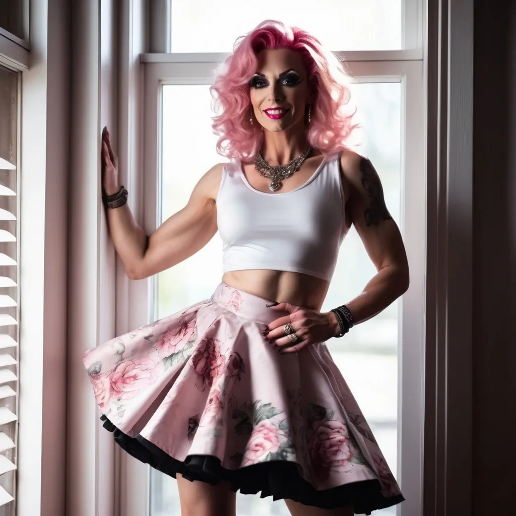 Prompt: 64k , high resolution ,dark colors ,digital photography, glamour photography , art photography , professional , dark room , window with opened shutters ,sunlight shines the woman through the window  , a very masculine,gorgeous, muscular, 35-year-old Finnish drag queen dancing  with smile on her face  , pink hair ,pale skin, white sleeveless crop top shirt , detailed white floral short circle skirt ,necklace , legs , 8 inch stiletto high heel shoes, close up ,drama , light and shadow photography , low angle shot 