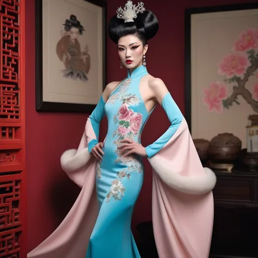 Prompt: the image projects a feeling of sophistication, elegance, and a blend of modern fashion and traditional Chinese artistic influence. The dress is exquisite and the gorgeous muscular 25-year-old Chinese drag queen model wears it beautifully.

