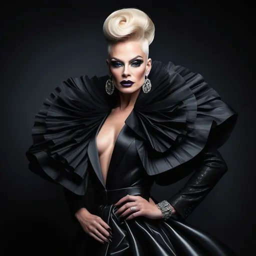 Prompt: A mesmerizing portrait graces the cover of an elite fashion magazine, capturing the essence of high-end sophistication. Set against a jet-black backdrop, the gorgeous, muscular, Polish, drag queen, model exudes confidence and allure, adorned in exquisite fashion garments that epitomize elegance and class. This breathtaking image transcends traditional notions of style, embodying an innovative vision of haute couture that pushes the boundaries of modern aesthetics.