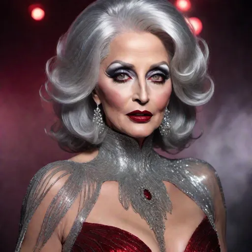 Prompt: image of Michael Douglas dressed as a gorgeous 45-year-old (((full figured))) Czechian drag queen with very long professionally styled silver hair, wearing a flamboyant, yet conservative black crimson and silver Bob Mackie designer Gown, heavy eye makeup,  dark red lipstick, posing in a smokey Cabaret. hyper-realistic quality, ultra-detailed 4K imagery.