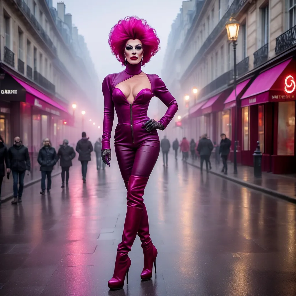 Prompt: Mysterious, Tall, gorgeous, muscular, 45-year-old French drag queen with salt & pepper stylish hair, dark eyeshadow,  and dark red lipstick, wearing a beautiful magenta outfit and 8 inch stiletto red thigh-high stiletto high heel boots, walking the streets of Paris on a foggy evening.