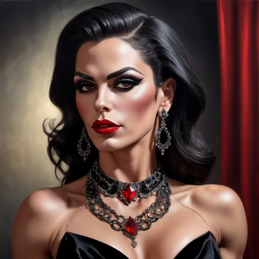 Prompt: a Gorgeous muscular 35-year-old Portuguese drag queen (very strong masculine jawline and brow features) with a necklace and earrings on her neck and red lips and a black dress on her chest, Edwin Georgi, gothic art, highly detailed digital painting, a photorealistic painting