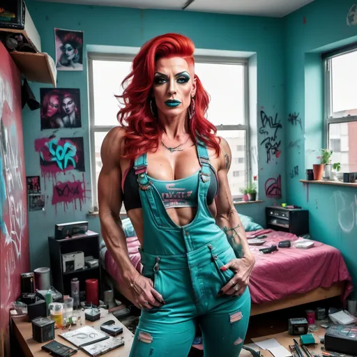 Prompt: Realistic digital photography:
A messy room in an apartment.
Age:38 Gorgeous ultra-muscular Czechian drag queen bodybuilder with shy cute beautiful features,
Street Artist Flair:

Short, bright red hair with a side fade.
Wears graffiti-inspired earrings, teal overalls, dark eye makeup and dark lipstick 
Outfits consist of a crop top under overalls and high heel sneakers, often carrying a glass of wine.