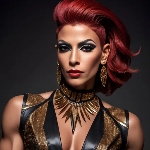 Prompt: Gorgeous muscular 35-year-old Egyptian drag queen (strong masculine jawline and brow features) with short spiky stylush red hair (Cavalli outfit), high fashion, (luxurious fabric), intricate detailing, dramatic silhouette, bold patterns, bright colors, modern and stylish, runway-ready, beautifully styled, expressive poses, atmospheric lighting, artistic composition, edgy accessories, urban chic background, (trendy environment), cinematic aesthetic, ultra-detailed, high quality, shoulder length Brunette hair.