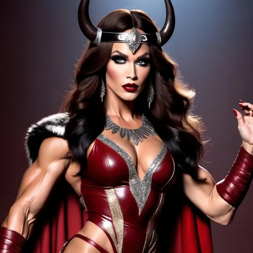 Prompt: If Conan the Barbarian was a gorgeous muscular drag queen (full length photo) with long muscular legs and a very muscular physique. Performing in a beautiful gown. Dark eye shadow, heavy mascara, and dark red lip stick.