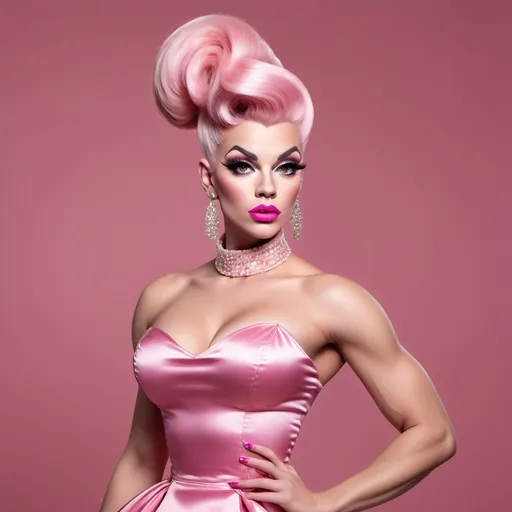 Prompt: Photorealistic, 8k, full length, attractive spoiled bratty drag queen, she has strong masculine facial features, plump pouty oversized lips, duck lips, Chiseled strong masculine jawline, masculine brow, muscular physique, huge platinum pink bouffant hairstyle with beehive bun and long extensions, wearing a cute 1950s style dress and 8 inch stiletto high heels, extremely heavy chav makeup style, she is walking,