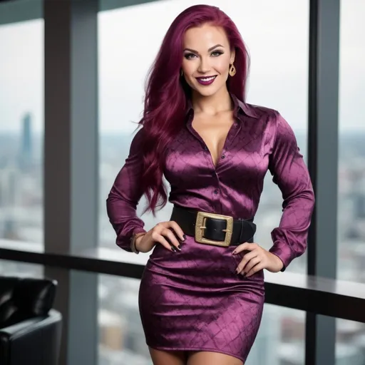 Prompt: Stunningly beautiful Norwegian female bodybuilder, age 27, vibrant gray eyes, long magenta hair, arched eyebrows, prominent cheekbones, dark eye shadow, dark red lipstick, gold & diamond jewelry, warm smile, flawless face, gold & black harlequin pattern blouse, curvaceous bosomy figure, black belt, black skirt, black high heel boots, standing in a lounge, floor to ceiling windows, active background, dynamic pose, luxury setting, pro lighting, sharp focus, high-res, pro photo