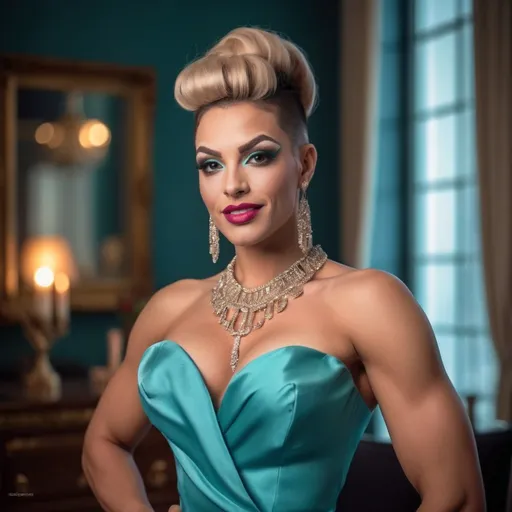 Prompt: Front view, half-body shot, portraiture of a beautiful stylish 25-year-old French drag queen bodybuilder (((with very strong masculine jawline and brow))), with big busom and long dark blonde updo hair style smiling sweetly, bright hazel colored eyes, professional dark eye make up and lipstick, dressed in laced Aqua satin evening dress, perfect muscular body, relax pose, jovial mode, luxurious gold accessories, warm romantic ambience, glittering romantic pendant chandeliers, bokeh effects, lens flare, intricate details, HDR, beautifully shot, hyperrealistic, sharp focus, 64 megapixels, perfect composition, high contrast, cinematic, atmospheric, moody, ISO400, shots made by professional Hassleblad professional lens, no errors at all