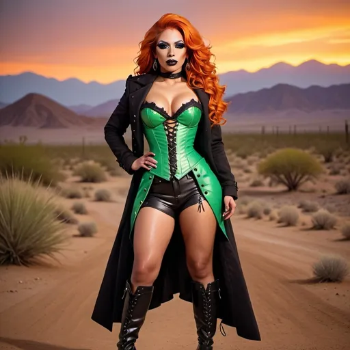 Prompt: (Gorgeous 23-year-old orange-haired Latina drag queen cowgirl), standing confidently in a bright green corset and elegant black longcoat, full body shot, smokey eye shadow,  dark lipstick, vibrant desert background at sunset, warm golden and crimson tones illuminating the scene, dramatic shadows, ultra-detailed, capturing an adventurous and daring spirit, dynamic pose, rugged 8 inch stiletto high heel leather boots, striking facial features, showcasing both strength and beauty.