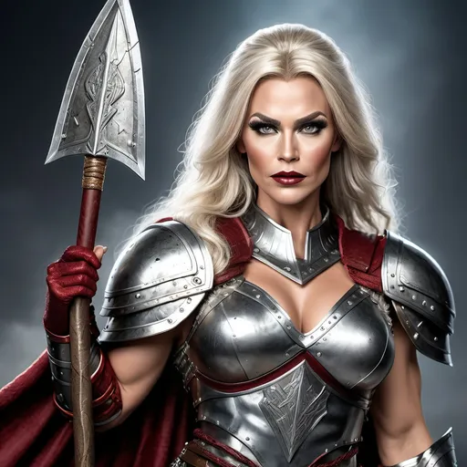 Prompt: Generate a highly photorealistic portrait full body shot of a gorgeous muscular 35-year-old Viking Valkyrie drag queen (strong masculine jawline and brow features) with large busom, holding a magical spear, silvery viking armor with runes, dark red lipstick, thick legs, over knee boots. She is looking down while standing. She is standing in an ancient Viking city.