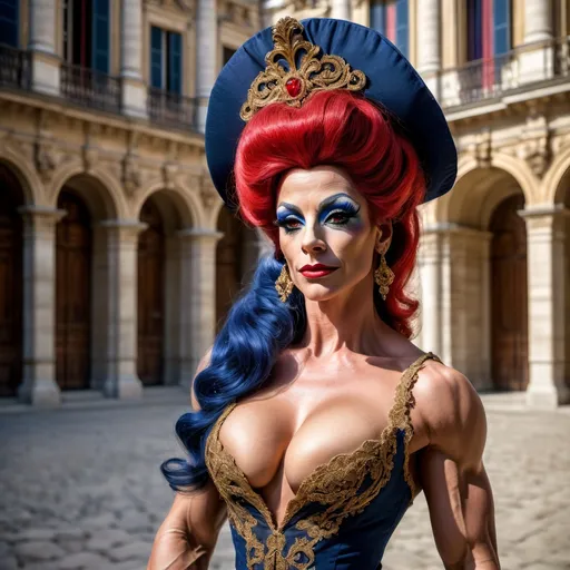 Prompt: (Gorgeous, muscular, 35-year-old French drag queen bodybuilder (with huge busom) during French Revolution 1789), (historic attire), elegant gown with intricate lace, powdered wig, stylized makeup, (dramatic atmosphere), (rich colors), vivid reds, deep blues, and gold accents, (historical setting), a grand palace courtyard, opulent architecture, (cinematic lighting), moody and intense, (4K), ultra-detailed visuals.