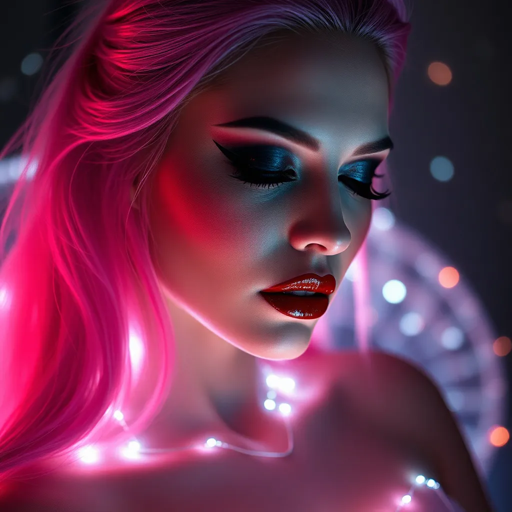 Prompt: (photorealistic painting), a gorgeous ultra-muscular 25-year-old Romanian drag queen with long pink hair, with her eyes closed, dark smokey eyeshadow and dark red ipstick, (glowing ethereal aura) behind her face and body, intricate (particles of light), inspired by Elsa Bleda's style, atmospheric and dreamy ambiance, soft and mystical lighting, high contrast between the glowing backdrop and her facial features, ultra-detailed, highly immersive, captivating and tranquil.