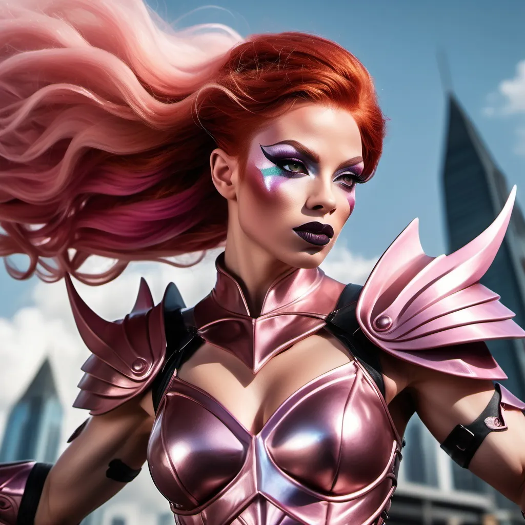 Prompt: A photorealistic image of a Gorgeous ultra-muscular 25-year-old drag queen Sky Elf fighter, a lithe and agile warrior with flowing bright red hair and iridescent pink wings, dark eye makeup and dark lipstick, in mid-battle amidst the floating islands of their sky city. The Sky Elf fighter, clad in sleek, shimmering armor that catches the light, wields dual blades with unmatched speed and precision. Their movements are a blur as they attack with the swiftness of the wind, the blades cutting through the air with ease. The scene captures the dynamic motion of combat, with the fighter executing a swift aerial maneuver, their wings catching a gust of wind that propels them forward. In the background, the floating city with its grand, airy architecture is partially shrouded in mist, giving a sense of otherworldly elevation. Art styles: photorealism, action, fantasy. Lighting: natural daylight, dynamic shadows. Camera: wide-angle action shot. Resolution: 8k, ultra-detailed.