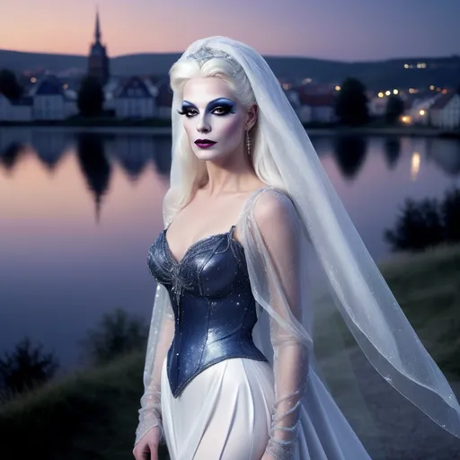 Prompt: (beautiful white Swedish drag queen) walking gracefully under a starlit sky, (melancholic mood), deep indigo and shimmering silver tones, soft ethereal glow, a delicate veil of night softly surrounding her, gentle whispers of a cool breeze, capturing a moment of quiet elegance, (highly detailed), enchanting landscape in the background, timeless and romantic atmosphere.
