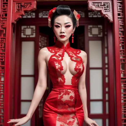 Prompt: 
The scene unfolds at the grand entrance of a traditional Chinese mansion, adorned with festive spring couplets. A young, beautiful, and elegant Chinese drag queen bodybuilder, the lady of the house, stands gracefully at the doorway. She is dressed in a stunning red, sheer lace cheongsam, exuding charm and sophistication. With her hands clasped in a traditional gesture of greeting, she warmly wishes passersby a joyous New Year.
hyper realistic photo, professional photo, HDR, UltraHD, a lot of details, pixel study, 3D, detail, photorealism, majestic, stunning, elegant, brilliant, sumptuous, magnificent, effulgent, refulgent, fantasy, epic, mystic, full body view, classical and warm lighting style and cinematic art
