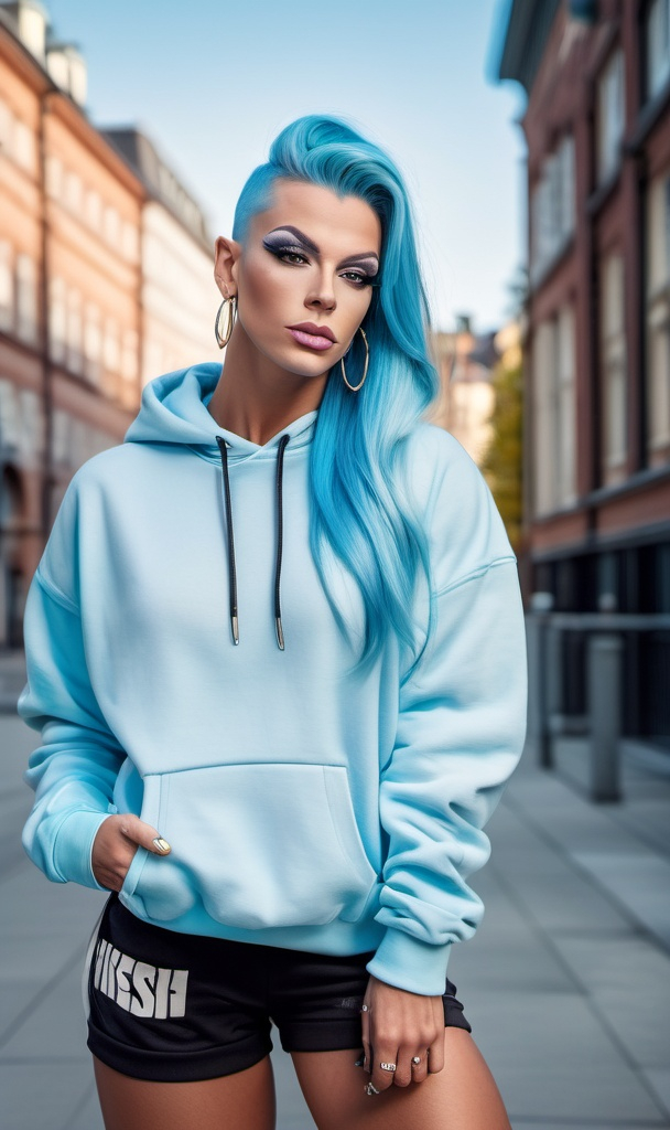 Prompt: Gorgeous ultra-muscular 25-year-old Swedish drag queen bodybuilder Gen Z fashion model, with a charming and cute vibe, wearing an oversized pastel blue sweatshirt paired with black joggers and white 8 inch stiletto high heel chunky sneakers. Her relaxed yet stylish look is accessorized with a backpack and hoop earrings, perfect for a laid-back day in the city. The full-body image captures her standing in front of the iconic Truong Tien Bridge in Huế, with the peaceful river in the background. Image size: 1080x1920."