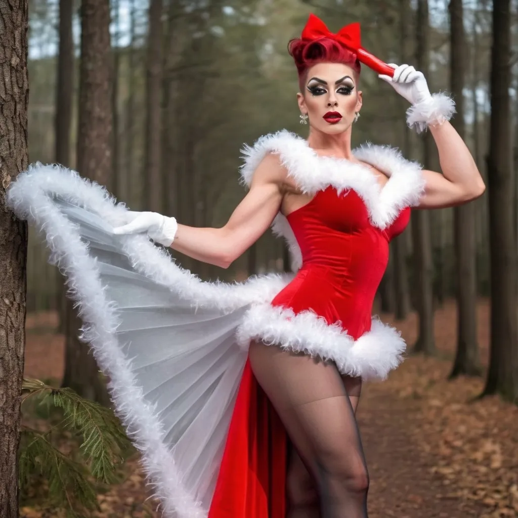 Prompt: Gorgeous 25-year-old (caucasian) muscular French drag queen ((very strong masculine jawline and brow)) with fit figure, and long dark red updo hair (((blowing in the wind))), dressed as  Mrs. Santa, sheer nylon stockings, and 8 inch stiletto high heel shoes, posing in the forest, holding a a large candy cane..