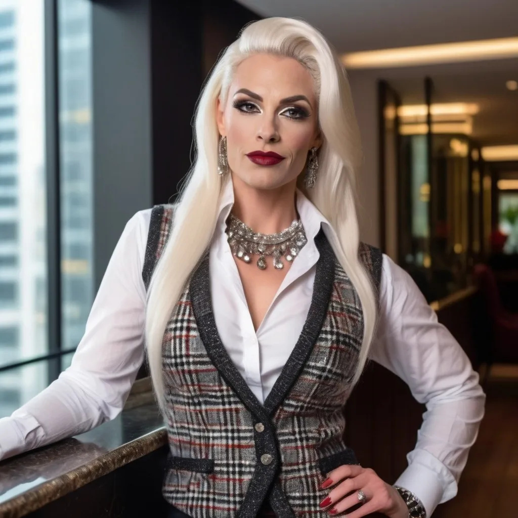 Prompt: Gorgeous muscular 35-year-old German drag queen (strong masculine jawline and brow) with long luscious platinum blonde hair, dark smoky eyeshadow, heavy mascara and dark red lipstick, smile, silver jewels, chic white blouse, tweed sweater vest, plaid pencil skirt, standing profile in a luxe lobby, well lit, high detail & quality, 8k, pro photo.