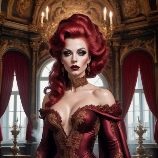 Prompt: Annalena Baerbock in Rokoko Style, the main subject is a gorgeous ultra-muscular 25-year-old Finnish drag queen bodybuilder, She is seen in an opulent, Rococo-inspired mood painted by a blend of Artgerm and Rubens, breathtaking dark red rokoko updo hair, wearing an elaborate dress in vibrant autumn colors. She is made up with dark eyeshadow and dark red lipstick. The dress is rich in architectural details and voluminous, adding to the grandeur of the image. This portrayal is showcasing her in an indoor palace setting. The background is teeming with an abundance of intricate and ornate elements, further accentuating the luxurious ambiance. The description aims to convey the exceptional quality of the image, capturing the viewer's attention through its extraordinary attention to detail and the lavishness it exudes.