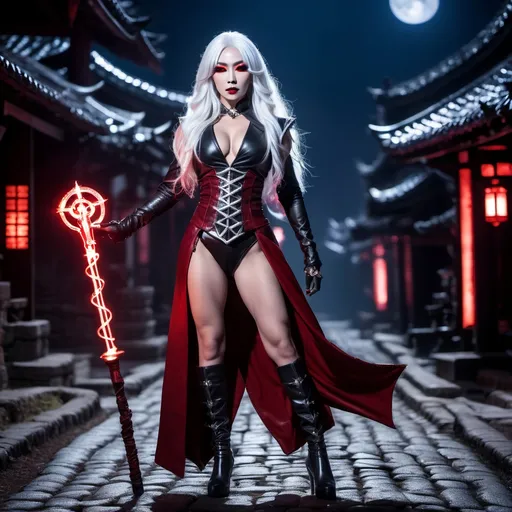 Prompt: 8K photo, cinematic, dark gothic fantasy, Beautiful Japanese drag queen Shadow Mage bodybuilder, flowing white hair, ((glowing red eyes)), dark makeup, red leather vest with silver runic markings, big busom, hourglass tall leggy, black leather duster and boots, holding a glowing runic staff with arcing bolts of plasma, nightscape, cobblestone lane, highly detailed