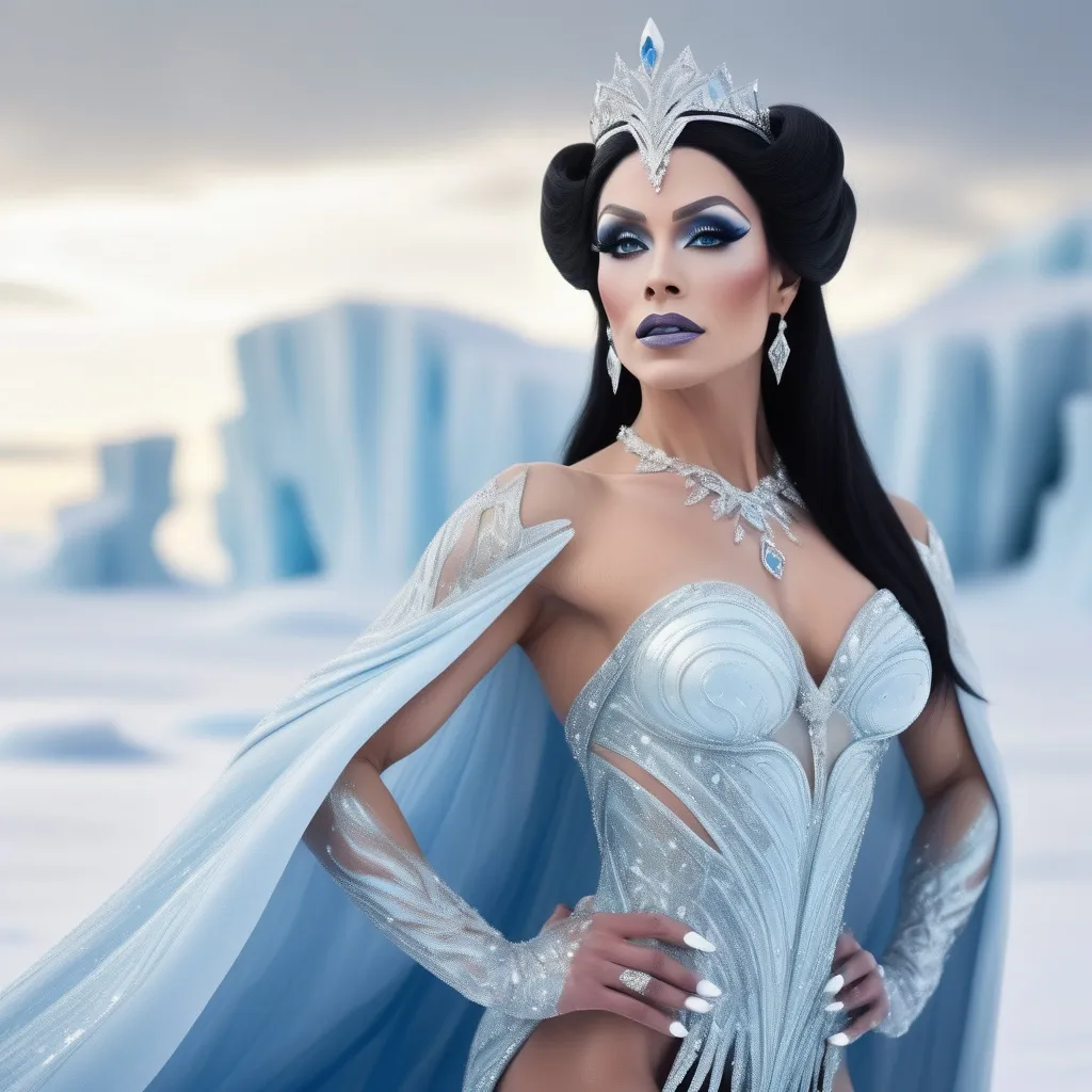 Prompt: Powerful, gorgeous, muscular, drag queen Princess with Black Hair and Blue Eyes, (ethereal presence), standing majestically amidst a sparkling Arctic landscape, flurries of soft snow swirling around her, icy blue and white tones, shimmering in soft, cool light, intense gaze exuding confidence, elegant royal attire adorned with a delicate silver pattern, crystalline ice formations in the background, (ultra-detailed), (high quality).