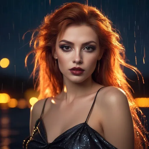 Prompt: epic masterpiece, at (night:1.8) with (hyper detailed:1.5), gorgeous, 25-year-old, Polish drag queen supermodel, looking at camera, dark orange hair, dark eyeshadow and dark red lipstick, Insanely detailed, backlit, bokeh, face turned upwards to the sky, blushing lightly with mouth open, she has an orange diaphanous flowing transparent long shawl draped about her shoulders and upper arms, midnight, a calm lake in ((pouring rain:1.4)), surrounded by high cliffs covered in shadows, breathtaking starry night sky, galaxies, nebula, tiny fireflies floating in the air, 8k photo, HDR, masterpiece, fine details, natural beauty, breathtaking, captivating, fine details, sharp, very detailed, high resolution, close up, taken with a Hasselblad H6D-100c, Hasselblad Zeiss Sonnar F 150mm f/2.8 lens, Godox SK400II Professional Compact 400Ws Studio Flash, sharp focus, fine details, 5 flash set up, Ring light for catchlight eyes, Award winning photography, pro lighting, realistic, realism