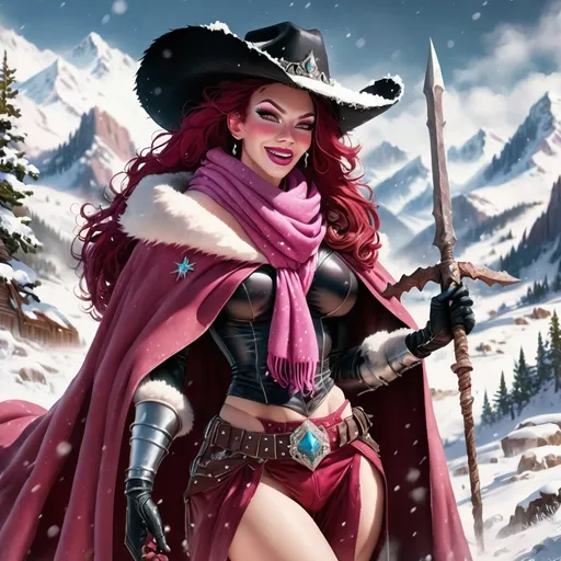 Prompt: A hi-res 8k hd digital photograph of a proud gorgeous rugged drag queen cowgirl with huge busom in winter snowy mountains. She is wearing a dark pink cloak lined with fur and a scarf over metal armor. She has ridiculously long wavy dark red hair and a black cowboy hat. She is holding a halberd. It is snowing and windy. She is smiling. Cowboy hat.