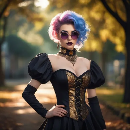 Prompt: Create a highly detailed AI defined image of a highly attractive "girl next door look" young adult drag queen college student in a fantasy uniform, large busom, wearing sunglasses, inspiring lustful uniform, classic dark makeup, at a unique fantasy school, 

wide landscape lense, ISO 500, Aperture f/22, APS-C, Splash art, dark fantasy art, stunning bokeh, cinematic lighting and scale, super detailed, 64k, high quality perfect lighting, perfect shadows.