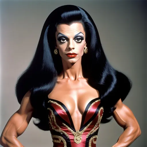 Prompt: Don knotts dressed as a Gorgeous ultra-muscular 25-year-old drag queen bodybuilder with very long straight shiny black hair wearing a gaudy Gianni Versace designed dress and 8 inch stiletto high heel shoes, with smoky eye shadow and mascara and dark red lipstick.