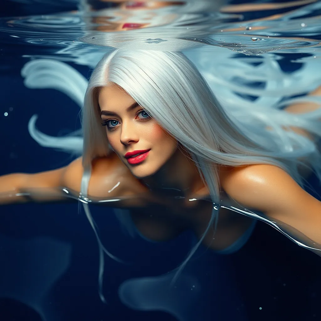 Prompt: A gorgeous ultra-muscular 25-year-old Swedish drag queen goddess with very long straight silver hair swimming in a lake of liquid Mercury in outer space. Vivid colors. Hd imaging.