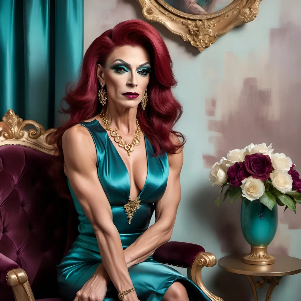 Prompt: oil painting of beautiful muscular 45-year-old Bulgarian drag queen (dark eyeshadow and dark red lipstick) wearing an (elegant sleeveless Teal blouse, gold necklaces, diamond ring), and (off-white fancy skirt, fancy dark red hairstyle), sitting on armchair near a perfectly designed room with aesthetic wall and plum curtain, vase with flowers near the woman (close up shot) , good composition 