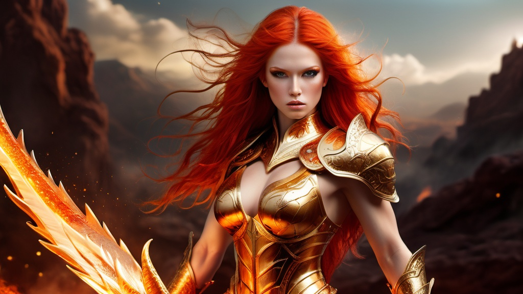 Prompt: Gorgeous 25-year-old muscular warrior goddess, with long flaming red hair, mythical Excalibur and golden armor, slaying a beautiful,  fierce albino dragon.