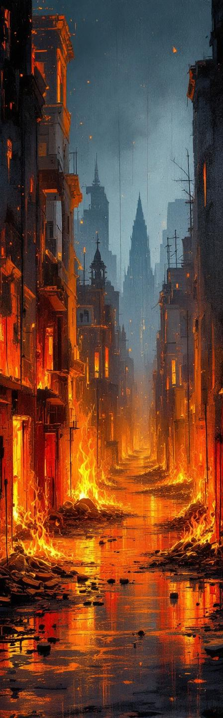 Prompt: Graffiti, splatter painting of a burning city destroyeds by a burning horror Phoenix