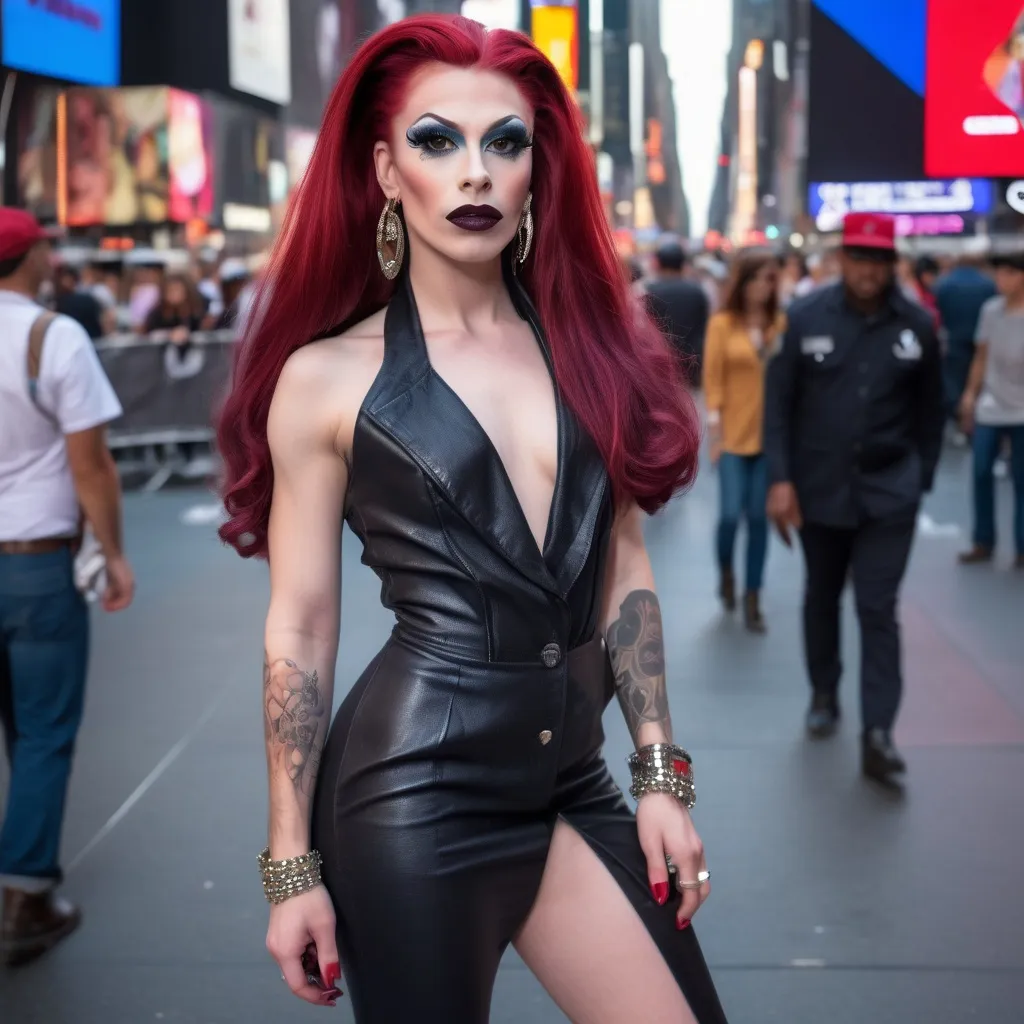 Prompt: Gorgeous masculine 25-year-old Czechian drag queen with long dark red hair wearing a mix of men's and women's clothes. 8 inch stiletto high heel shoes.  Dark eye makeup and dark lipstick.  Location: Time Square.