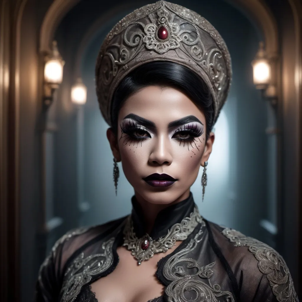 Prompt: hyper-detailed dull photo of a gorgeous muscular masculine 25-year-old Betawi drag queen, with dark eye makeup, dark lipstick, venetian lace jilbab, cropped jacket, foggy old hallway, art pose, medium format, epic character composition, sharp focus, intricate filigree details, cinematic lighting, volumetric fog, award-winning, masterpiece, 64K, professionally color graded