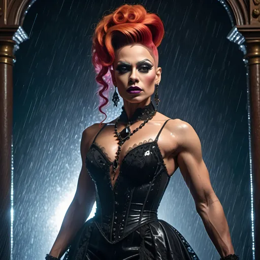 Prompt: Gorgeous muscular 25-year-old Victorian gothic drag queen (strong masculine jawline and brow) standing in the rain, full body, detailed lace gown, intricate jewelry, hauntingly beautiful, high quality, gothic, vintage, dramatic lighting, vibrant color tones