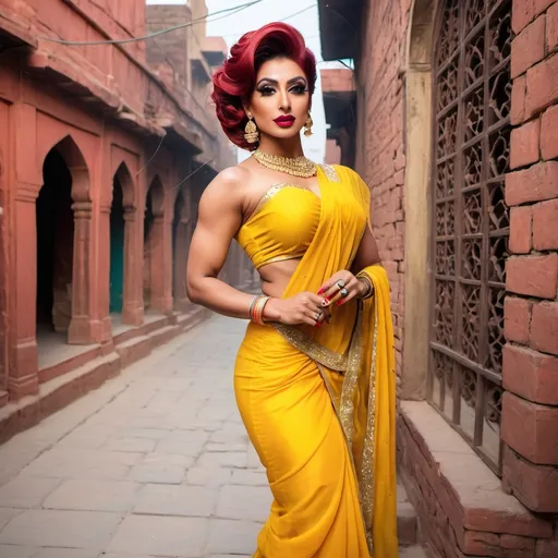 Prompt: Gorgeous ultra-muscular 25-year-old Pakistani drag queen bodybuilder with short dark red updo hairstyle wearing a Yellow saree with hot bose and 8 inch stiletto high heel shoes. Posing at The Walled City of Lahore.