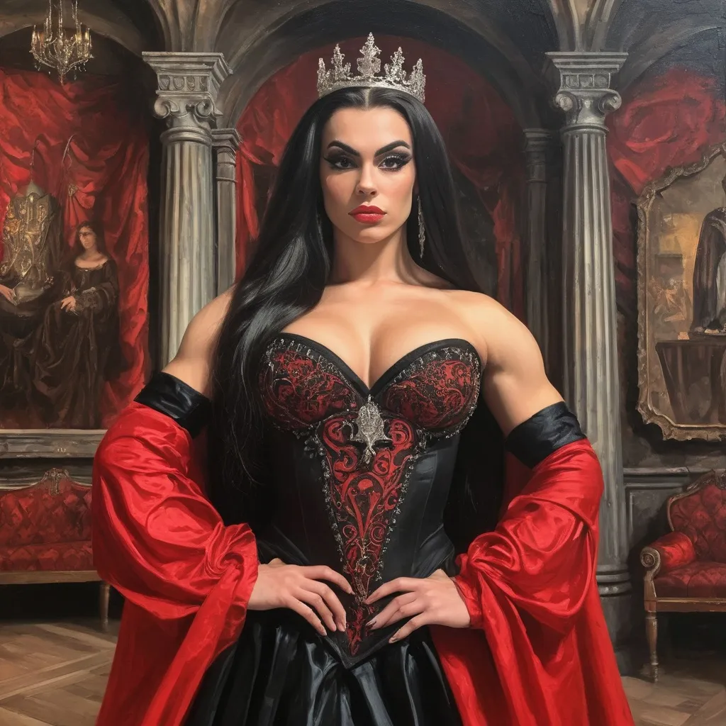 Prompt: Gorgeous muscular 19-year-old Polish drag queen bodybuilder (strong masculine jawline and brow facial features) with big busom and dark hair, wearing a gorgeous and elegant red and black medieval dress standing in a ballroom of a medieval castle. Carla Wyzgala,  very detailed oil painting