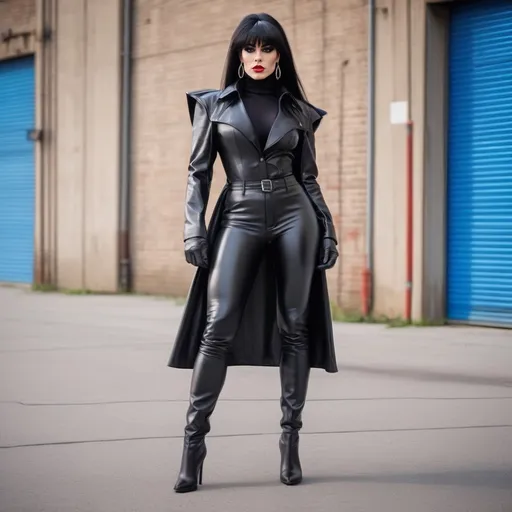 Prompt: Scarlet leather long coat. Black leather shirt, pants. Gorgeous muscular 25-year-old Romanian drag queen (masculine jawline and brow facial features) bodybuilder with very long shiny black hair with bangs. 8 inch stiletto high heel boots, gloves. Standing in a parking lot outside a modern warehouse building. 2d studio Ghibli anime style.