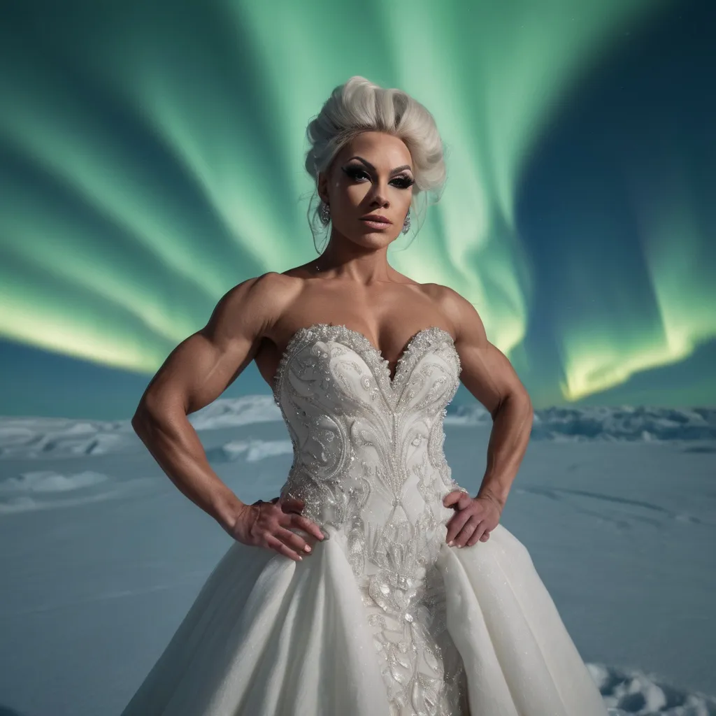 Prompt: (A 3/4 body image)A 25-year-old muscular, beautiful Nordic drag queen bodybuilder wearing A beautiful winter bridal gown designed for cold weather. Taking a bridal photoshoot in the snowy Arctic with the Northern Lights in the background.