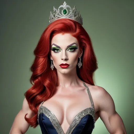 Prompt: A portrayal of a regal looking British drag queen bodybuildet in her early twenties, with bright red hair, a silver circlet on top of her head, mesmerising green eyes, high cheekbones, fair skin, narrow waist, slim complexion, wearing an elegant dark navy ball gown with intricate embroidered details and 8 onch stiletto high heel shoes, standing on a majestic staircase.