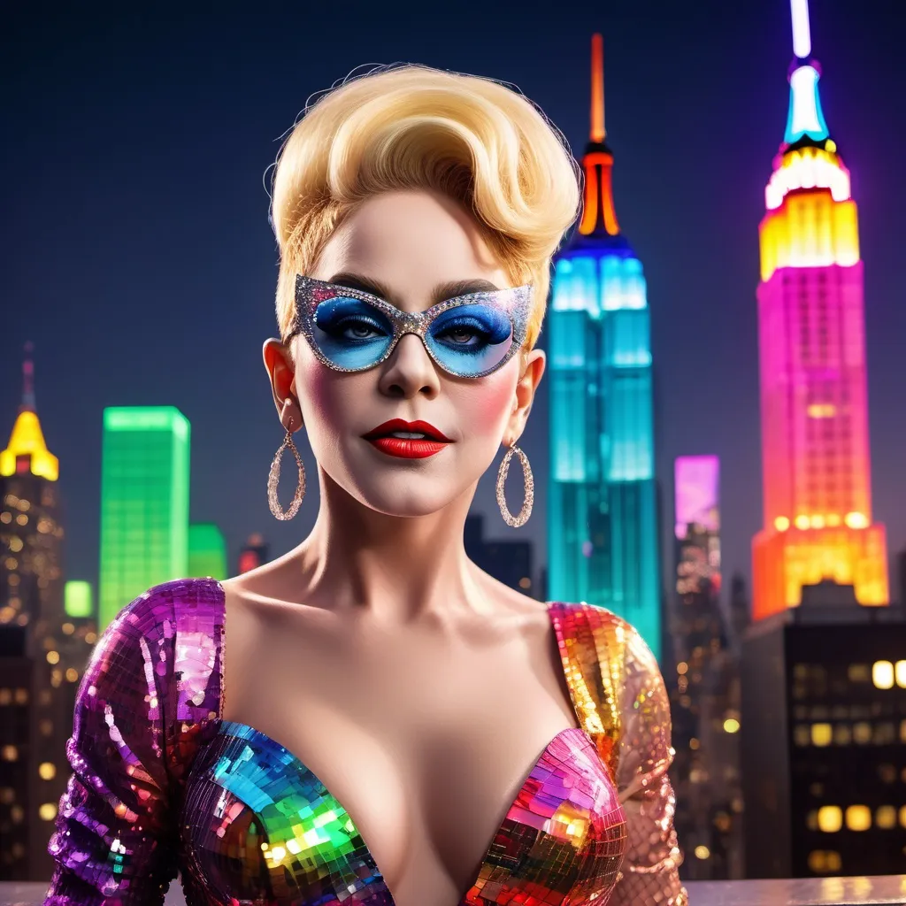 Prompt: Elton John dressed as a 25-year-old gorgeous drag queen Madonna posing on the ledge of a building, high above NYC.